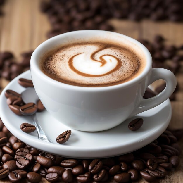 taza de capuchino humeante de pie en una mesa con granos de café