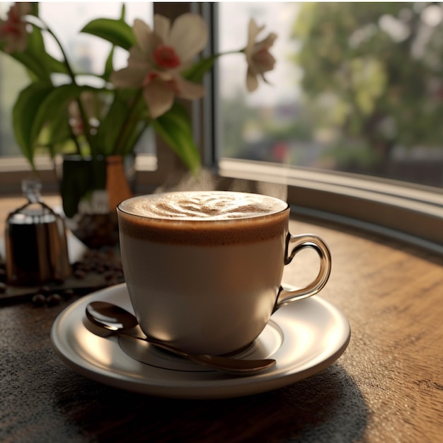 Una taza de capuchino en la mesa de la cafetería