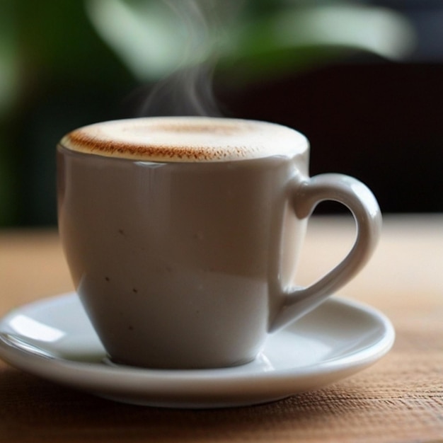 una taza de capuchino con un platillo blanco que dice capuchino en él