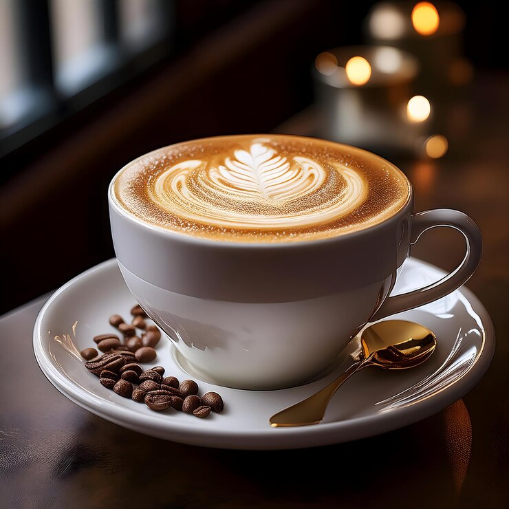 Una taza de capuchino en el plato.