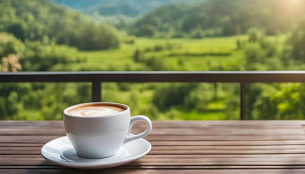 una taza de capuchino se sienta en una mesa afuera