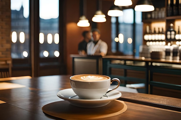 Una taza de capuchino se sienta en una mesa en un café.