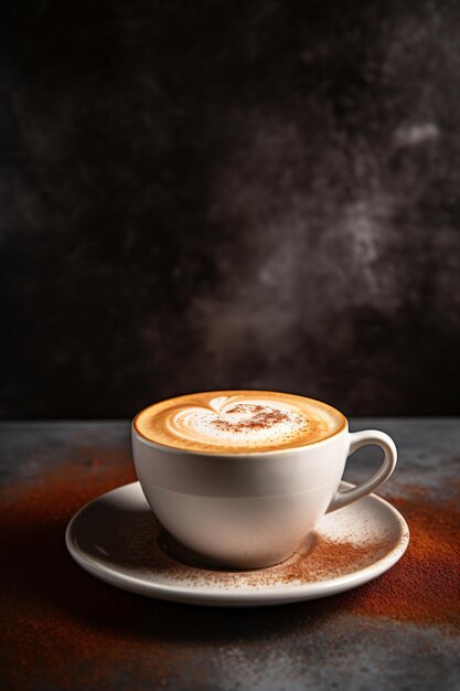 una taza de capuchino se sienta en un platillo con un fondo oscuro