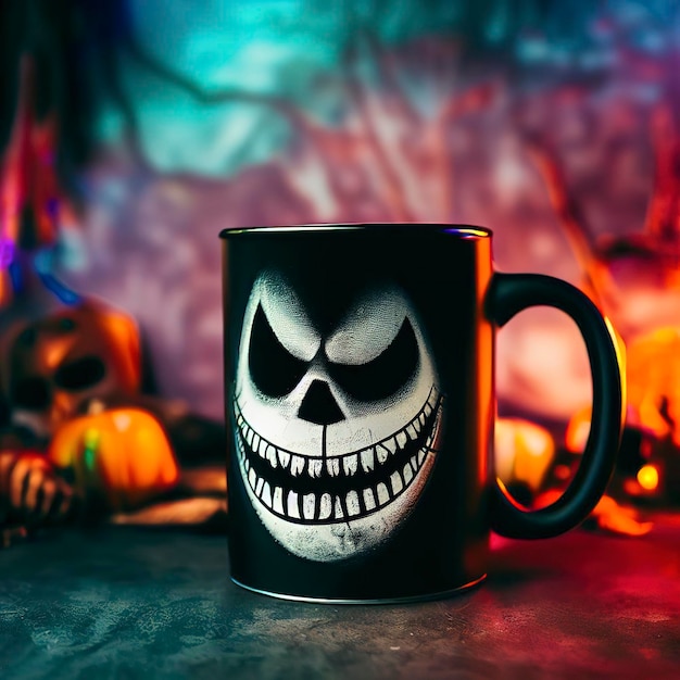 Taza con la cara de Jack aterrador fondo de Halloween fiesta de Halloween