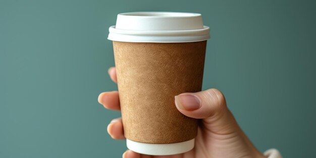 Taza de cartón de café sin etiqueta para el diseño mujer sosteniendo en las manos plantilla en blanco fondo verde