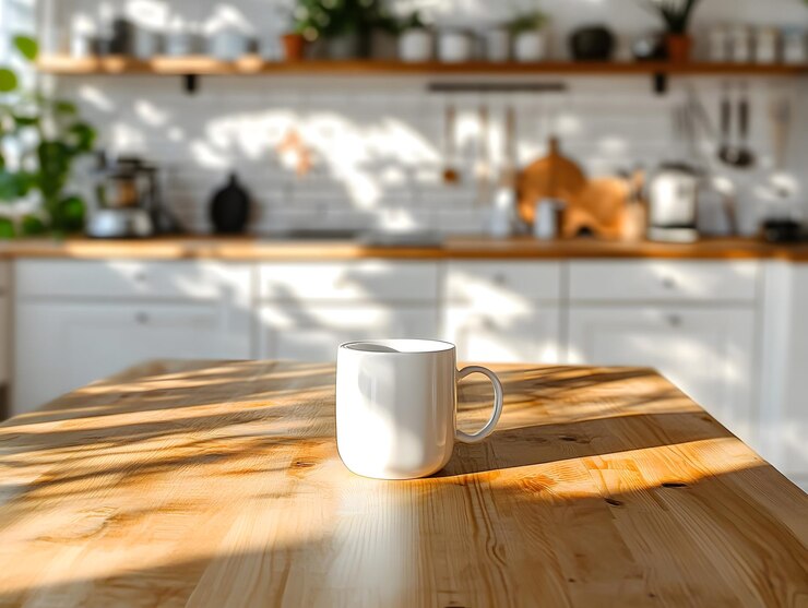 Una taza de cerámica blanca en una mesa de madera en la cocina con un diseño interior minimalista