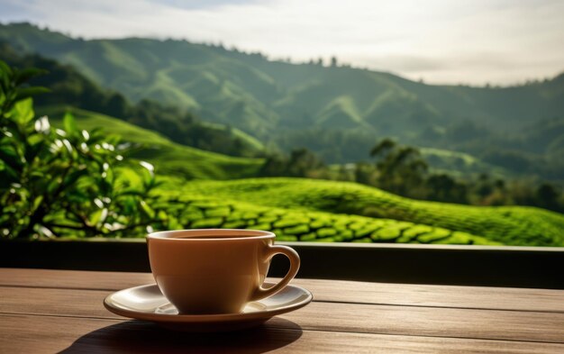 Una taza de cerámica blanca de té en una mesa de madera