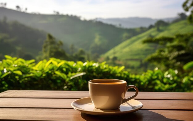 Una taza de cerámica blanca de té en una mesa de madera