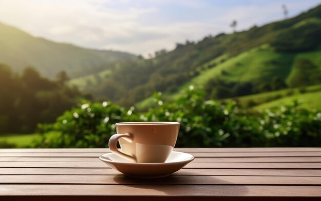 Una taza de cerámica blanca de té en una mesa de madera