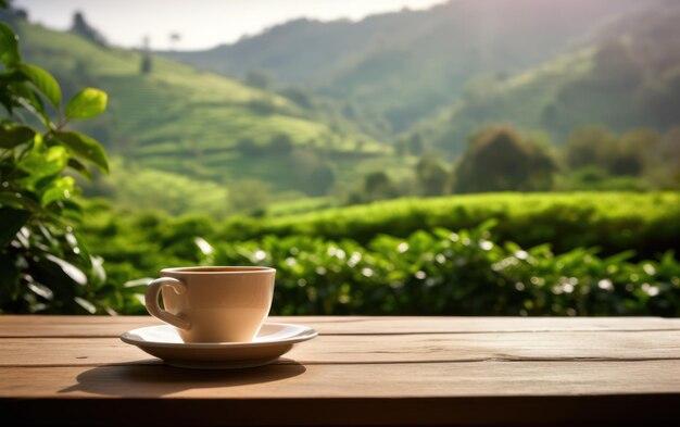 Una taza de cerámica blanca de té en una mesa de madera