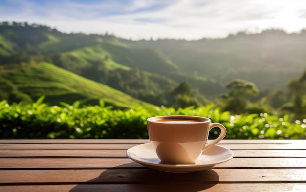 Una taza de cerámica blanca de té en una mesa de madera