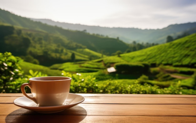 Una taza de cerámica blanca de té en una mesa de madera