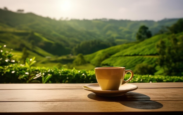 Una taza de cerámica blanca de té en una mesa de madera