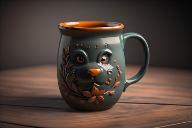 Una taza de cerámica con una carita que dice búho.