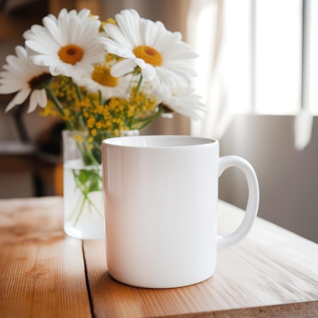 Taza de cerámica con flores decorativas en maqueta de mesa de madera para diseño