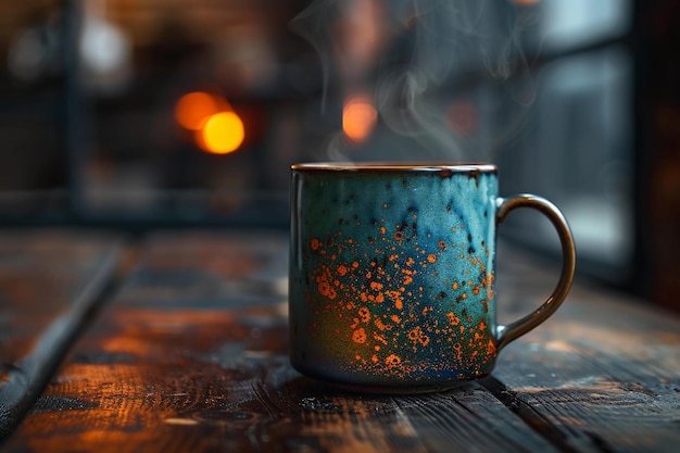 Taza de cerámica hecha a mano al vapor en una mesa de madera