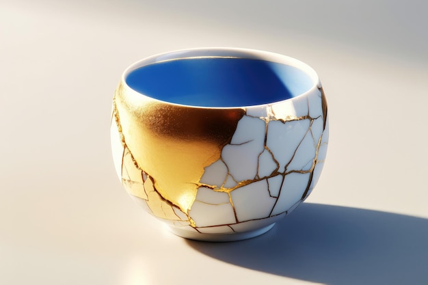 Foto la taza de cerámica kintsugi sobre un fondo de mesa blanco el antiguo método de restauración reparación de grietas de oro en cerámica japonesa antigua el encanto de los defectos expresión única de la cultura y la estética japonesas