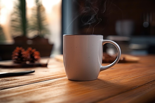 Foto una taza de cerámica llena de café caliente sobre un escritorio limpio