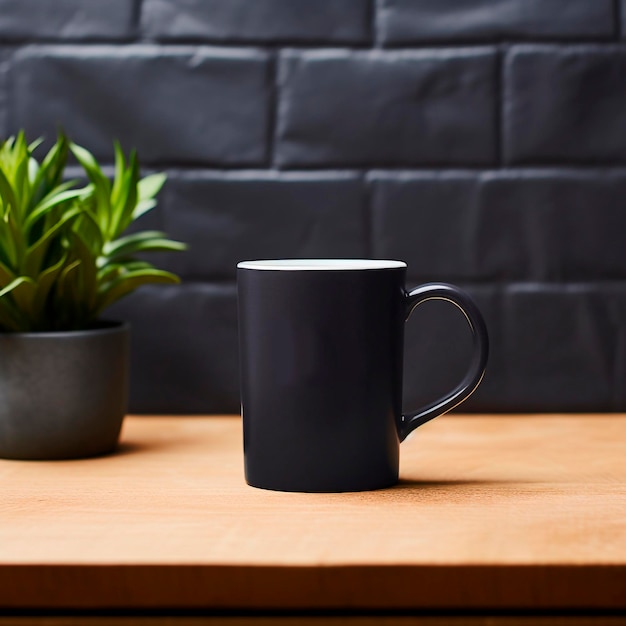 Taza de cerámica negra AI generativa en la maqueta de la mesa vacía