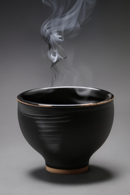 Una taza de cerámica negra con una delgada corriente de humo saliendo de su parte superior