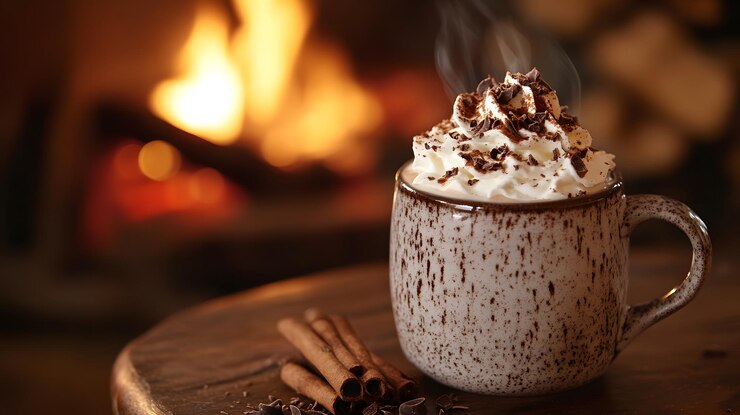 una taza de cerámica rústica de chocolate caliente con crema batida en la parte superior generada por la IA