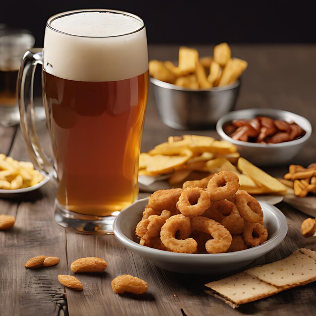 Foto una taza de cerveza al lado de una tazón de cerveza y bocadillos