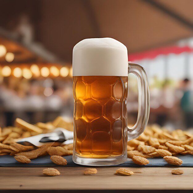 una taza de cerveza con una cuchara y algunas galletas en una mesa