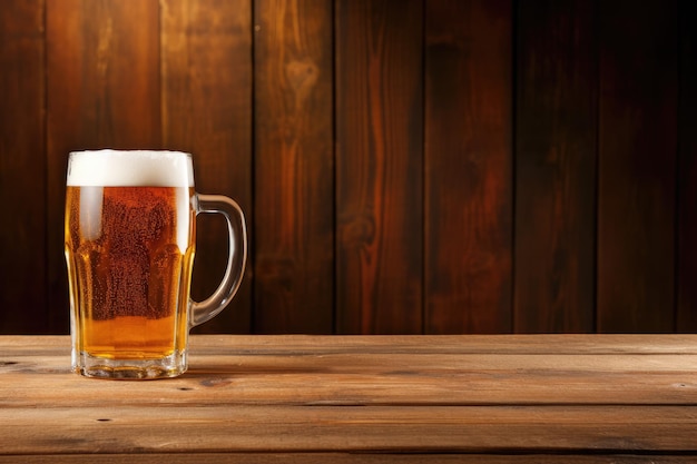 Taza de cerveza en una mesa de madera con espacio para copiar