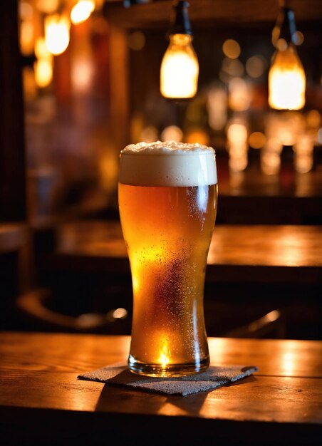 Taza de cerveza en una mesa de madera en un pub o bar