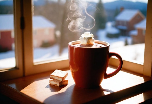 una taza de chocolate caliente al lado de un pedazo de pastel