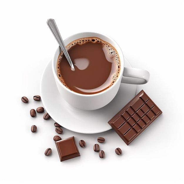 Foto una taza de chocolate caliente y barra de chocolate sobre fondo blanco ai generado