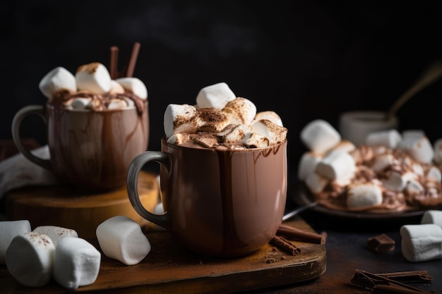 Taza de chocolate caliente y cacao cubierta con malvaviscos y canela