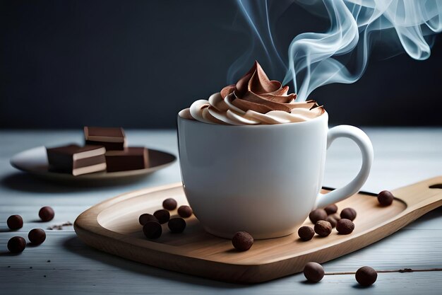 una taza de chocolate caliente con chocolate en una tabla de madera.