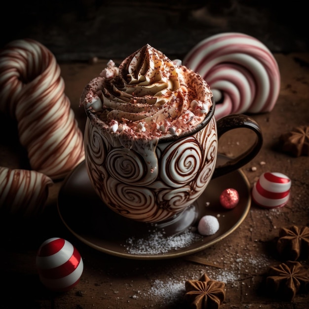 Una taza de chocolate caliente con crema batida y bastones de caramelo en una mesa marrón