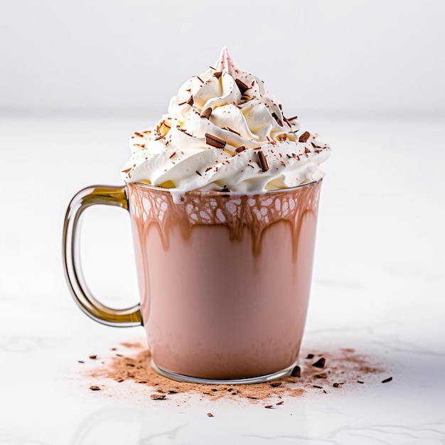 Una taza de chocolate caliente con crema batida y chispas de chocolate al lado.