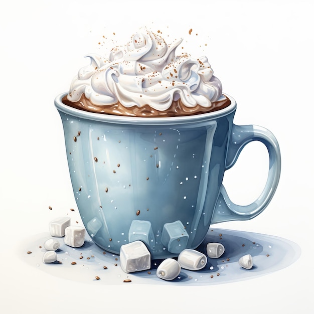 Taza de chocolate caliente con crema batida e ilustración de caña de caramelo