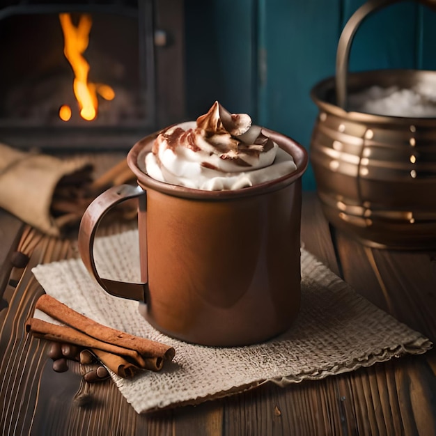 Una taza de chocolate caliente con crema batida y palitos de canela junto a una chimenea.