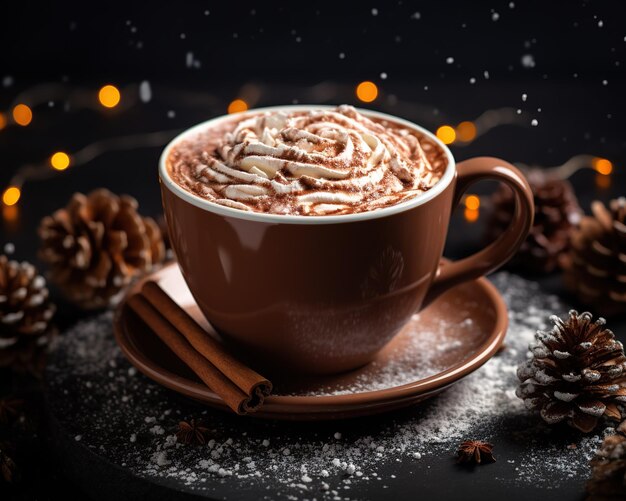 Foto una taza de chocolate caliente con crema para la bebida de las vacaciones de invierno