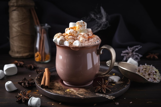 Una taza de chocolate caliente cubierta con malvaviscos y especias