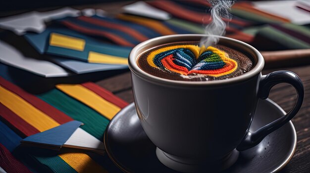 Foto una taza de chocolate caliente con un diseño colorido