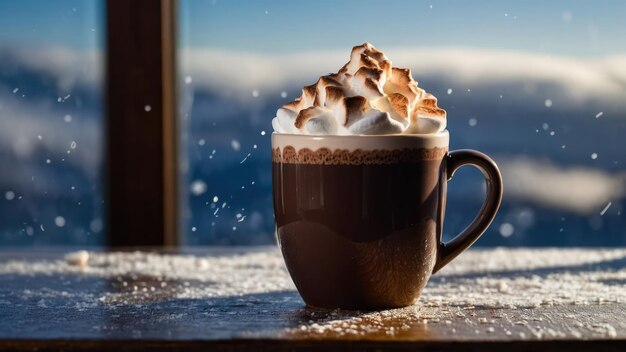 Una taza de chocolate caliente humeante cubierto de malvaviscos perfecto para un concepto de invierno acogedor