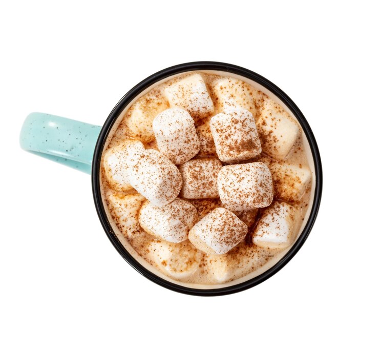 Foto taza de chocolate caliente con malvaviscos aislado sobre fondo blanco vista superior