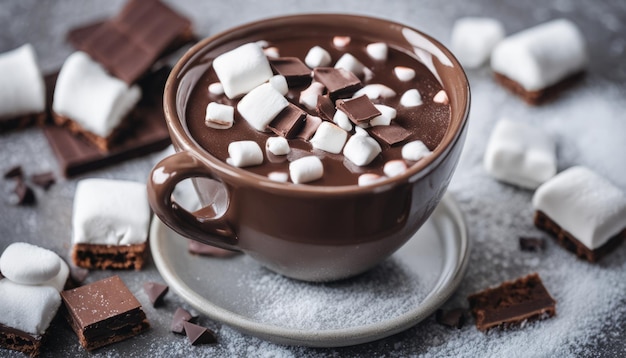 Una taza de chocolate caliente con malvaviscos y cuadrados de chocolate