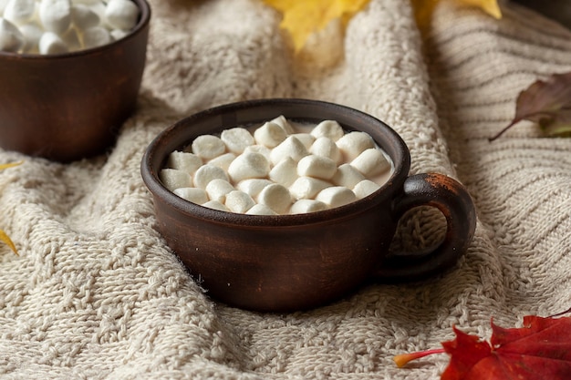 Una taza de chocolate caliente con malvaviscos se encuentra sobre una acogedora manta tejida