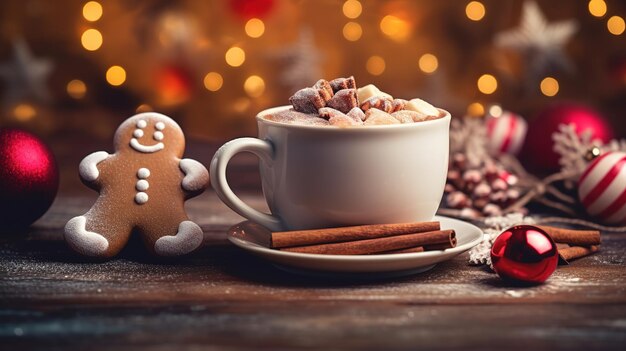 Una taza de chocolate caliente con malvaviscos y un hombre de pan de jengibre al lado