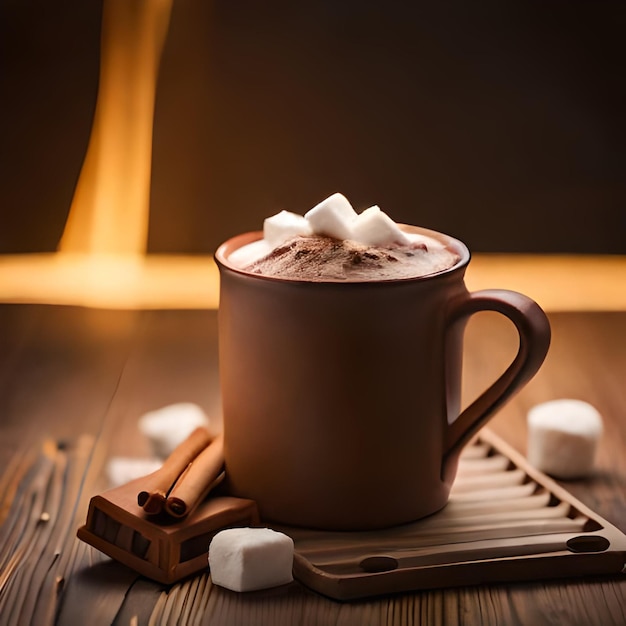 Una taza de chocolate caliente con malvaviscos y un palillo encima.