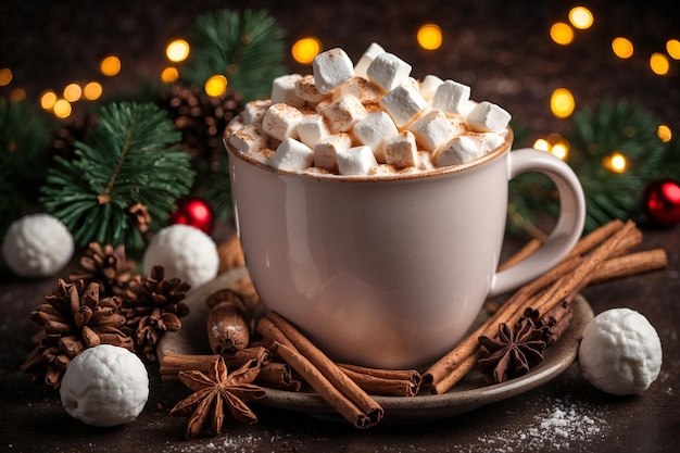 una taza de chocolate caliente con malvaviscos y palitos de canela