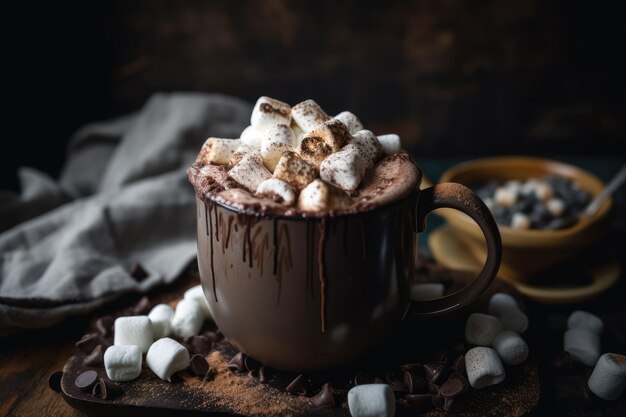 Una taza de chocolate caliente con malvaviscos y una pizca de canela encima creada con ai generativo