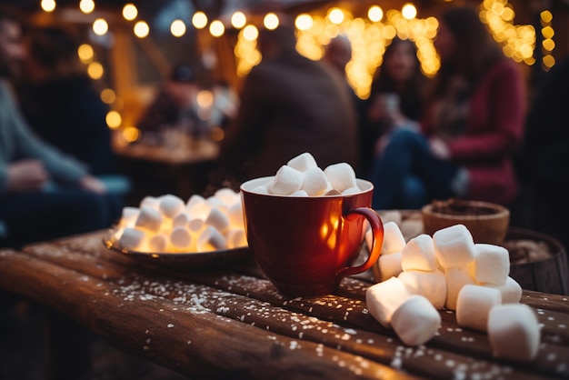 Taza de chocolate caliente con malvaviscos sobre una mesa de madera en el mercado navideño