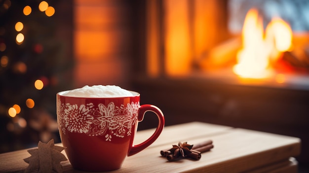 Taza de chocolate caliente o café junto a la chimenea navideña La mujer se relaja junto al fuego cálido con una taza de bebida caliente Concepto de vacaciones navideñas de invierno